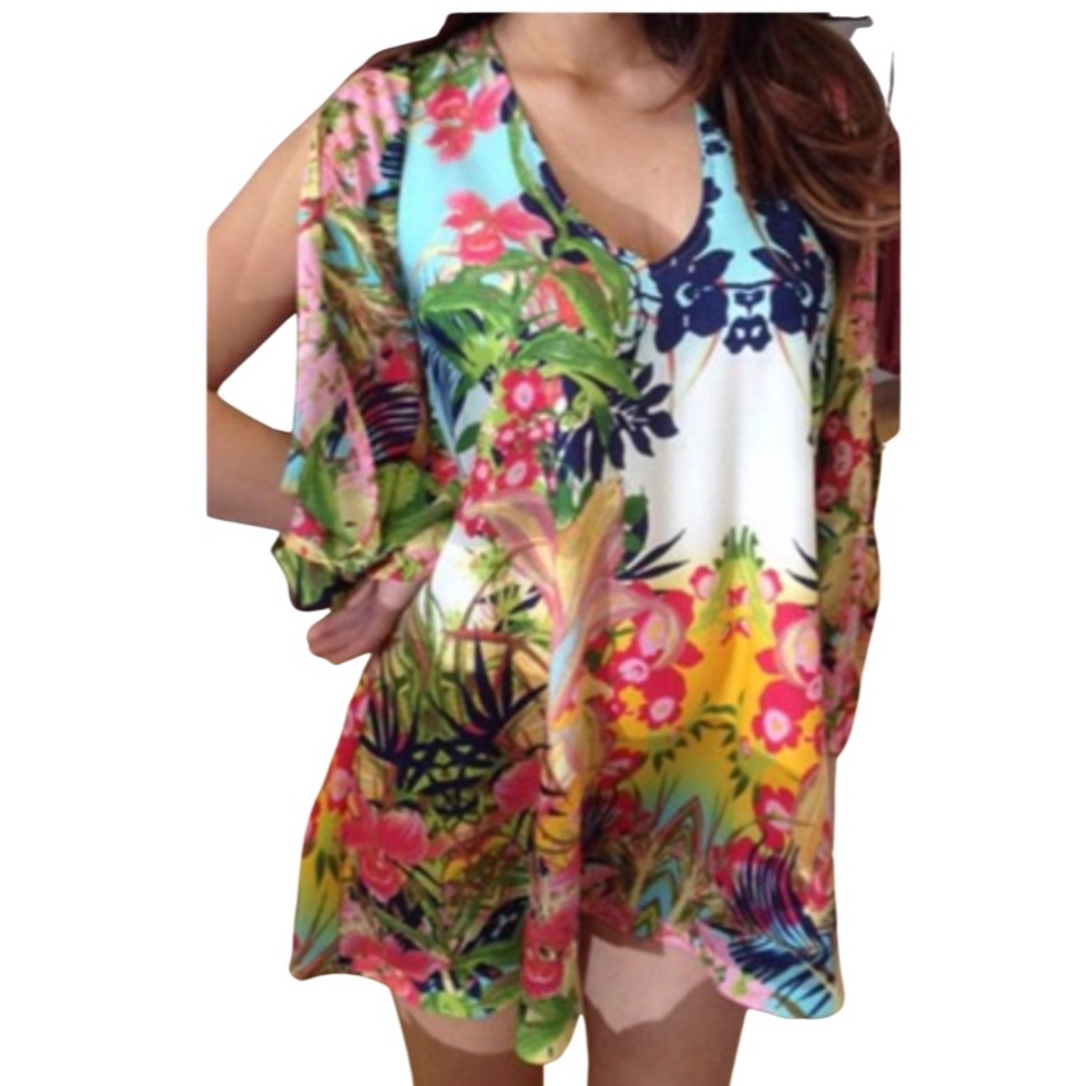 Tropical Floral Print Mini Dress/Cover Up size Small